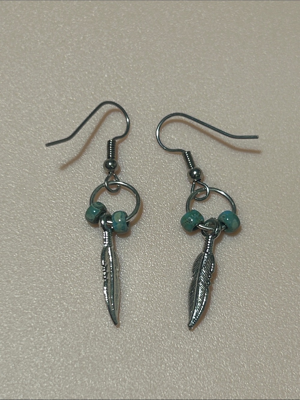 Source Unknown Silver Feather Earrings with Turquoise Beads - Women Jewelry